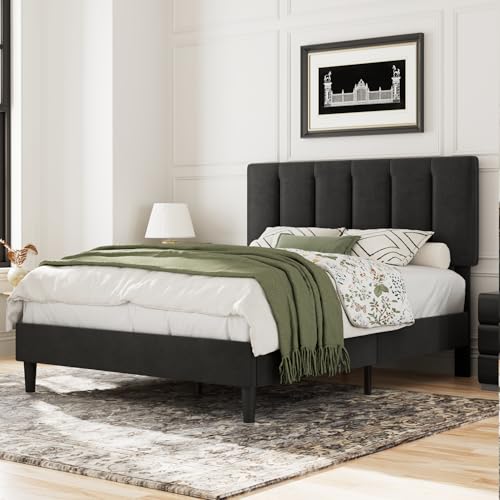 VECELO Full Bed Frame with Upholstered Headboard, Heavy-Duty Platform Bedframe with Strong Wooden Slats Support, No Boxing Spring Needed, Black - color: Black, size: Full, style: Platform