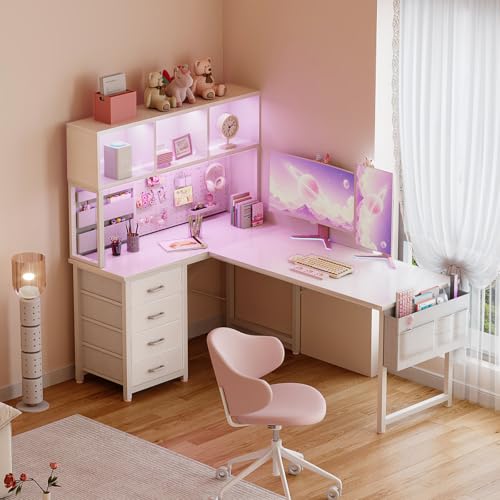 AODK 53" L Shaped Gaming Desk with Pegboard, Hutch & 4 Drawers, White - color: White