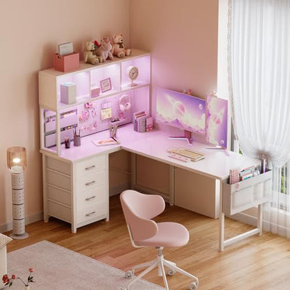 AODK 53" L Shaped Gaming Desk with Pegboard, Hutch & 4 Drawers, White - color: White