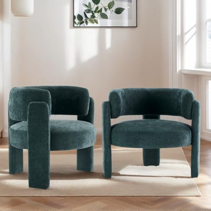 Modern Accent Barrel Chair,Mid Century Single Armchair with Curved Backrest Upholstered Side Reading Chair with 3 Legs Comfy Sherpa Chair for Bedroom Home Office Living Room (Green,Set of 2) - color: Green, size: Set of 2