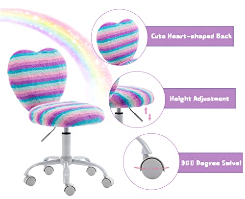 chairus Kids Desk Chair Faux Fur Small Study Chair for Teenage Girls, Adjustable Heart Shaped Kids Vanity Chair for Bedroom Reading Living Room, Cute Student Task Chair with White Foot, Rainbow - color: Rainbow