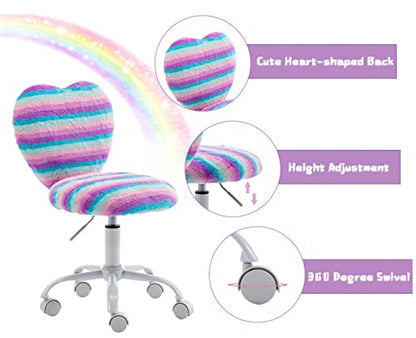 chairus Kids Desk Chair Faux Fur Small Study Chair for Teenage Girls, Adjustable Heart Shaped Kids Vanity Chair for Bedroom Reading Living Room, Cute Student Task Chair with White Foot, Rainbow - color: Rainbow