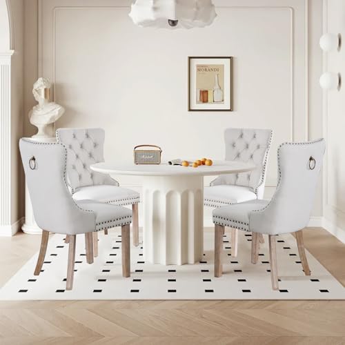 Linen Upholstered Dining Chairs Set of 4, Modern Style Kitchen Side Chairs with Nailhead Trim and Wood Leg, Metal Pulling Ring for Dining Room Living Room(Beige,Set of 4) - color: Beige-linen, size: Set of 4