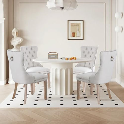 Linen Upholstered Dining Chairs Set of 4, Modern Style Kitchen Side Chairs with Nailhead Trim and Wood Leg, Metal Pulling Ring for Dining Room Living Room(Beige,Set of 4) - color: Beige-linen, size: Set of 4