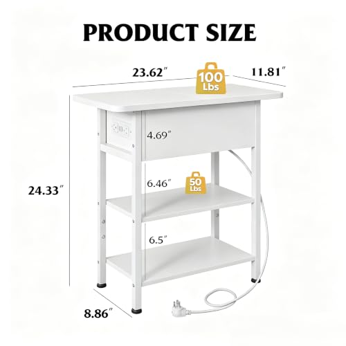 WLIVE 3-Tier End Table with Charging Station Flip Top Narrow Nightstand | 2 USB Ports+2 AC Outlets; Flip Top Hidden Storage; 2 Open Shelves; Small Space Living Room Bedroom; Sturdy Carbon Steel Frame - color: White