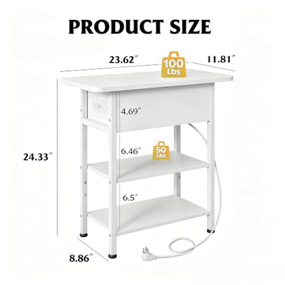 WLIVE 3-Tier End Table with Charging Station Flip Top Narrow Nightstand | 2 USB Ports+2 AC Outlets; Flip Top Hidden Storage; 2 Open Shelves; Small Space Living Room Bedroom; Sturdy Carbon Steel Frame - color: White