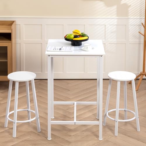 Finnhomy Bar Table Set, 23.6" Pub Table High Top Table, Square Bar Height Table, Bar Table with Stools, Kitchen Table Set for 2, Industrial Breakfast for Kitchen, Living Room, White - color: White, size: Bar Table+2Stools