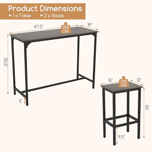 COSTWAY 3-Piece Dining Table Set, 47.5" Industrial Counter-Height Kitchen Table and 2 Bar Stools, High Top Rectangular Pub Table and Chairs for Dining Room Small Place Breakfast Nook Bistro (Grey) | w/ 2 Bar Stools, High Top Rectangular Pub Table and Chai