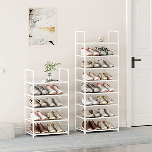 5 Tier Stackable Small Shoe Rack,Narrow Sturdy Shoe Shelf Organizer, Non-Woven Fabric Metal Free Standing Shoe Racks for Entryway, Hallway and Closet (White) - size: 5-White
