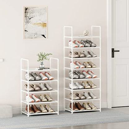 5 Tier Stackable Small Shoe Rack,Narrow Sturdy Shoe Shelf Organizer, Non-Woven Fabric Metal Free Standing Shoe Racks for Entryway, Hallway and Closet (White) - size: 5-White