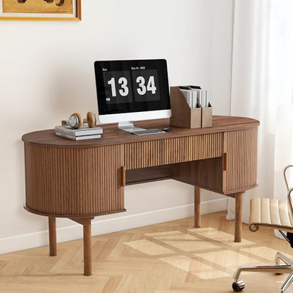 Executive Office Desk with Storage, 63 Inch Large Computer Workstation Desk with Drawer and File Cabinets, Mid Century Modern Fluted Wood Writing Desk for Home Office, Study Room, Living Room, Walnut - color: Walnut