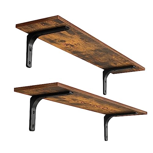 Long Wall Shelves, 31.5Inch Wooden Wall Mounted Shelves, Set of 2 | Floating Book Shelf, Metal Bracket Easy Assembly, Max Load 22lbs, Wall Storage Ledges, Bedroom/Bathroom/Kitchen, Rustic Brown - color: Rustic Brown, size: 31.5 Inch