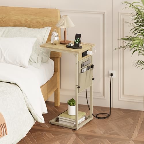 C Shaped End Table with Charging Station, Adjustable Height C Table End Table, Small Side Table for Couch, Couch Table Slide Under Sofa Table TV Tray Arm Table for Living Room,Bedroom,Natural - color: Natural Walnut, style: With Plug