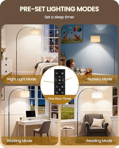 75" Arc Floor Lamp with Marble Base and Adjustable Height, Rotating Hanging Shade, Dimmable Floor Lamp for Living Room with Remote and Foot Switch, 3CCT, Over Couch Arched Light, White Shade W15LD05 - color: Black + White