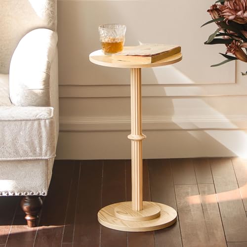 MaxSmeo Drink Table, Small Side Table for Small Spaces, Modern Round End Table with Fluted Wood Leg, Natural - color: Natural