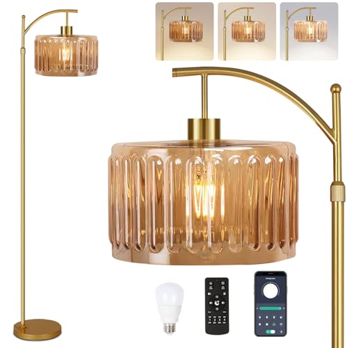 ILLMTW Glass Floor Lamp for Living Room,Bedroom,Gold Mid Century Modern Standing Lamp with Remote,Dimmable Brass Tall Lamp Amber Flower Lamp Vintage Floor Lamps Arc Floor Light Boho Bohemian - size: Floor Lamp-22