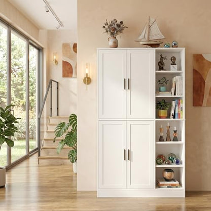 holzart 63" Tall Kitchen Pantry Cabinet, Freestanding Dining Room Storage Hutch with 4 Doors and Adjustable Shelves, Modern Utility Cupboard for Coffee Bar and Microwave, White - color: White