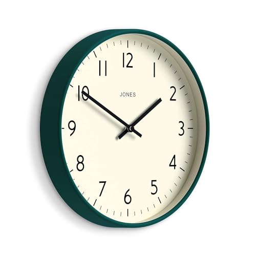 JONES CLOCKS® Studio Clock | Modern Round wall Clock | 12" | Dark Green | Easy to Read Numbers | Versatile Design for Kitchen, Living Room or Office - color: Eden Green