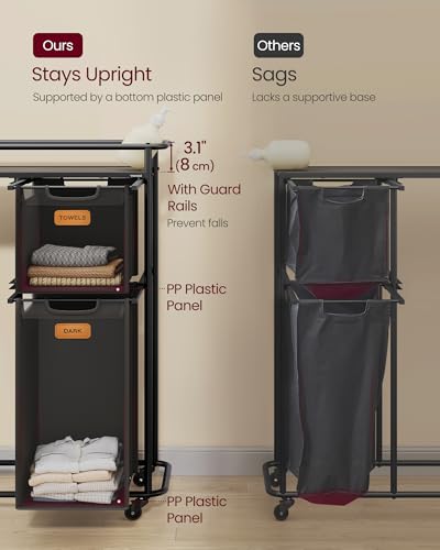 VASAGLE Laundry Sorter with Wheels, 39.6 Gal., 4 Removable Liners | Portable Laundry Cart with Shelf, 150 L, 6 Labels, Ink Black and Chestnut Brown, STEVIE Collection URLS100BH01S - size: 4 Bags