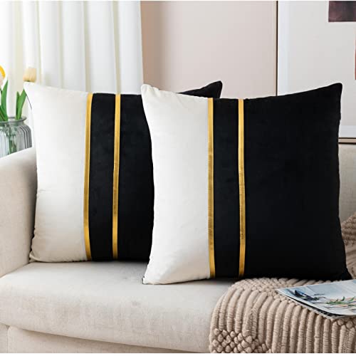 ZLINA Set of 2 Velvet Decorative Throw Pillow Covers Black White Patchwork with Gold Leather Pillow Covers 18 × 18 Inch Cushion Covers Decor Living Room Sofa Bedroom Car - color: Black, size: 18" x 18" (Pack of 2)
