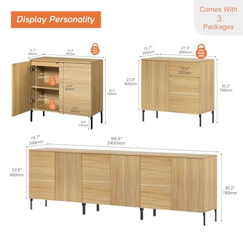 WAMPAT 3 in 1 Modern TV Stand TVs up to 100 inches,Fluted 94.5" W Entertainment Center with 6 Doors Storage and Adjustable Shelves, Wood Media TV Consoles Table with Storage for Living Room, Oak - color: Oak, size: 94.5" W