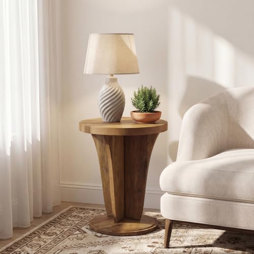LITTLE TREE Round Side Table, Mid Century Space-Saving End Table | Modern Accent Nightstand for Small Space, Wood Drink Table for Living Room, Bedroom, Corner and Office, Easy Assembly, Brown
