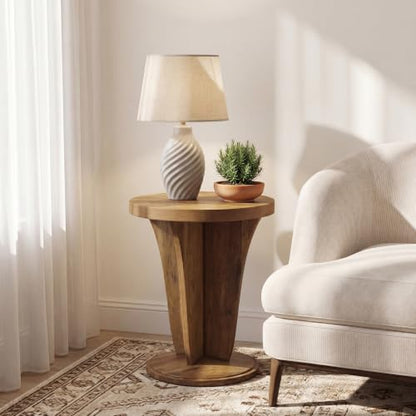 LITTLE TREE Round Side Table, Mid Century Space-Saving End Table | Modern Accent Nightstand for Small Space, Wood Drink Table for Living Room, Bedroom, Corner and Office, Easy Assembly, Brown