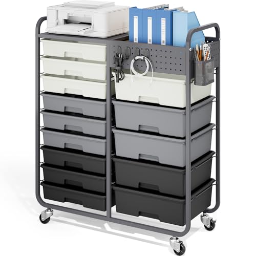 14 Drawer Rolling Storage Cart with Tabletop and Pegboard for Crafts Grey | Easy Setup, Large Capacity, Sturdy Build, Smooth Mobility, For classroom, office and dorm supplies - color: Grey