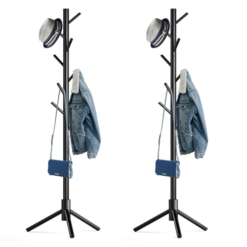 Hupmad Wooden Tree Coat Rack Stand,Sturdy Freestanding Coat Rack with 8 Hooks,3 Adjustable Height for Child Adult,Wood Coat Stand Tree Fits Entryway Bedroom Office for Bags,Hats, 2 Pack - color: Black, size: 2 PCS