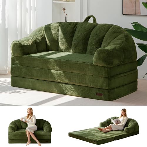 MAXYOYO Folding Sofa Bed, 2 in 1 Convertible Sofa to Lounger | Comfy Loveseat Bean Bag Chair for Adults, Floor Couch with Handle, Faux Fur Couch Bed for Living Room Bedroom, Green - color: Green, size: Loveseat