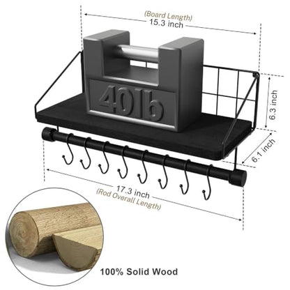 Alsonerbay Floating Shelf for Wall with Wooden Towel Bar, Black | 8 removable hooks, rustic finish, space-saving, holds utensils & mugs, easy installation, kitchen & bathroom use - color: Black