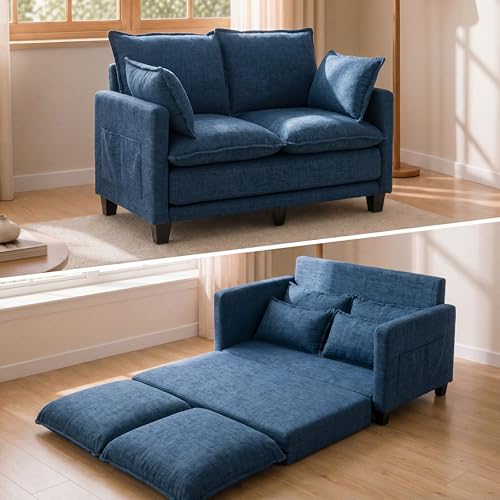 KYJ 49" Loveseat Sofa Bed, Convertible Pull Out Couch with Foldable Mattress, Small Love Seat for Bedroom, Dorm, RV & Apartment, Chenille Fabric, Not Twin Size, Blue - color: Blue
