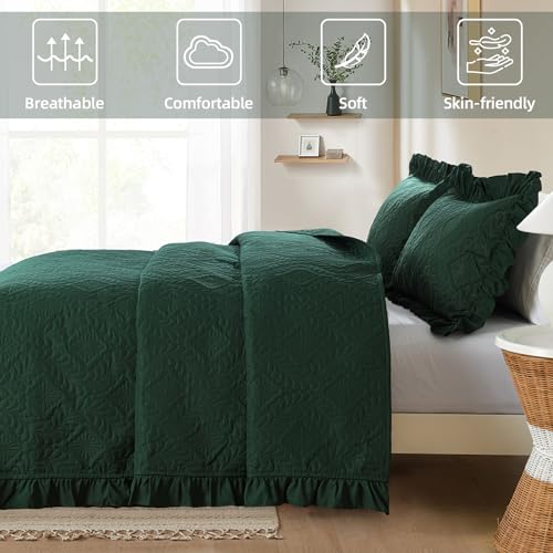 DJY Queen Quilt Set Emerald Green, 3 Pieces Ruffled Bedspreads Quilt | Lightweight Soft Bedding Coverlet for All Seasons, 96''x90'' (Includes 1 Quilt, 2 Pillow Shams) - color: Emerald, size: Queen