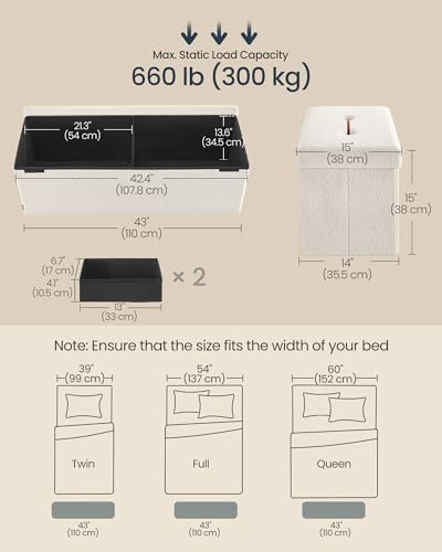 SONGMICS Large Folding Storage Ottoman Bench, 15 x 43 x 15 Inches | Foot Rest Stool, Load up to 660 lb, Cream White and Ink Black, MINOTA Collection ULSF097W01 - color: Cream White, size: 15"D x 43"W x 15"H, style: Rectangle