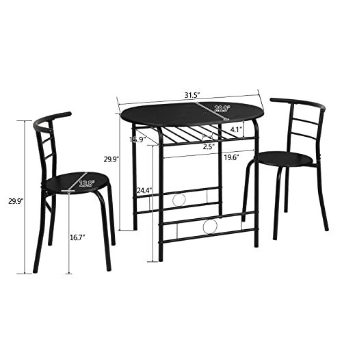 VINGLI 3 Piece Dining Set,Small Kitchen Table Set for 2,Breakfast Table Set,Kitchen Wooden Table and 2 Chairs for Small Space/Dining Room/Apartment,Metal Frame,Wine Rack,Black - color: Black