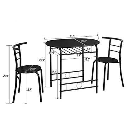 VINGLI 3 Piece Dining Set,Small Kitchen Table Set for 2,Breakfast Table Set,Kitchen Wooden Table and 2 Chairs for Small Space/Dining Room/Apartment,Metal Frame,Wine Rack,Black - color: Black