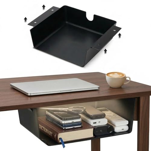 2 Pack Under Desk Hanging Shelf Drawer Organizer, Attachable Plastic Hidden Storage Tray, Easy Adhesive Mount Holder for Standing Tables, Office, Counters, Cabinets, Workstations - Black - color: Matte Black, size: 2 Pack Large