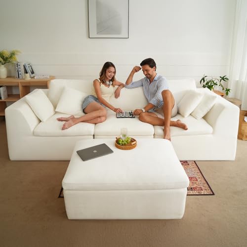 Luxanimarion 115" Cloud Boneless Sectional Couch, Deep Seat L Shaped Modular Couch with Ottoman, Oversized Upholstered Convertible 4 Seater Modular Sofa for Living Room,Black Chenille - color: Beige, size: 3 Seater + 1 Ottoman