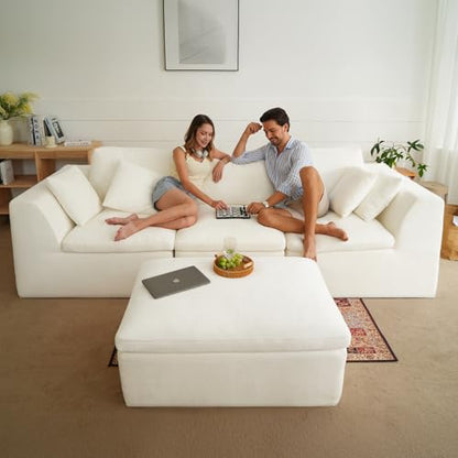 Luxanimarion 115" Cloud Boneless Sectional Couch, Deep Seat L Shaped Modular Couch with Ottoman, Oversized Upholstered Convertible 4 Seater Modular Sofa for Living Room,Black Chenille - color: Beige, size: 3 Seater + 1 Ottoman