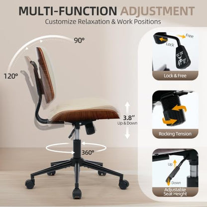 Home Office Desk Chair with Swivel Wheels, Ergonomic Adjustable Height Small Office Chair, Premium PU Leather Armless Computer Chair for Home Office, Reading Meeting Room, Modern Walnut Style (Beige) - color: Mcm Style-beige