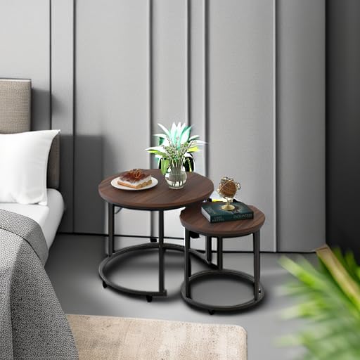 aboxoo Coffee Table Nesting Side Round Set of 2 End Table Top Sturdy Metal Frame Desk Centerpiece Living Room Bedroom Apartment Modern Industrial Simple Nightstand - color: Black Brown