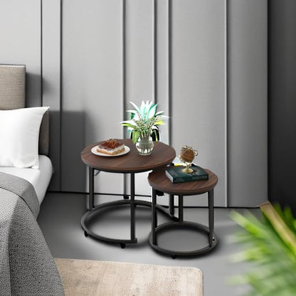 aboxoo Coffee Table Nesting Side Round Set of 2 End Table Top Sturdy Metal Frame Desk Centerpiece Living Room Bedroom Apartment Modern Industrial Simple Nightstand - color: Black Brown