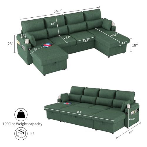 U-Sofa Bed Sleeper Pull Out with Storage Function and Two USB Ports and Cup Holder, Perfect for Small Space Modern Convertible Sofa Bed Living Room, Apartment Living Room - color: Green, size: 104.7'' U shape sofa
