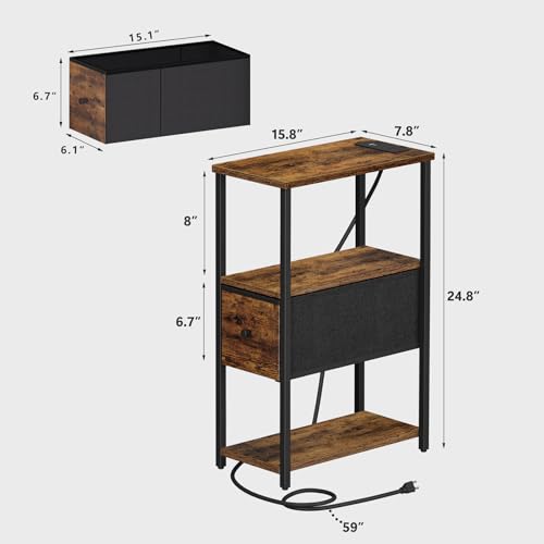 TUTOTAK Small Narrow End Table with Charging Station, Set of 2 | Side Table with Outlets, Nightstand with Cloth Drawer, Couch Table for Living Room, Bedroom, Bedside, Brown TB01BB058 - color: Brown, style: 1 Drawer & Plug
