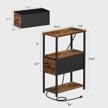 TUTOTAK Small Narrow End Table with Charging Station, Set of 2 | Side Table with Outlets, Nightstand with Cloth Drawer, Couch Table for Living Room, Bedroom, Bedside, Brown TB01BB058 - color: Brown, style: 1 Drawer & Plug