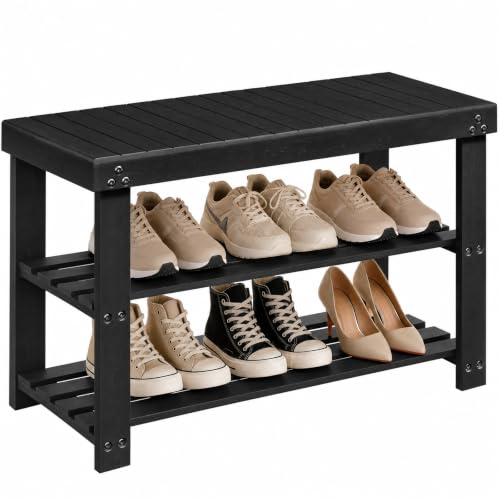Amada 3 Tier Bamboo Shoe Rack Bench for Entryway, Living Room, Black | 100% natural bamboo, 220 lbs weight capacity, thicker panels, triple screws for enhanced stability, holds 6 pairs - color: Black