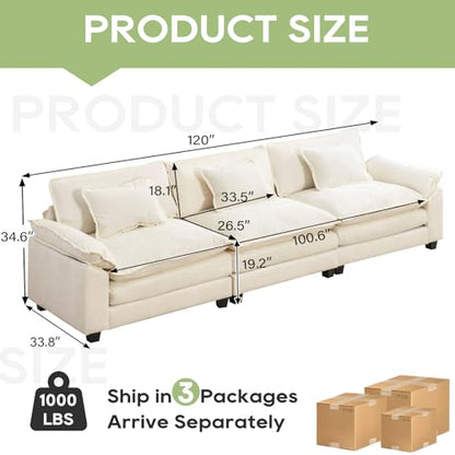 120" Modular Sectional Sofa, Comfy 3 Seater Deep Cloud Couch | Couches for Living Room, Modular Couch, Deep and Wide Seat, Chenille Sofa Sleeper with Throw Pillows, Beige White - color: Beige White, size: 120 Inch
