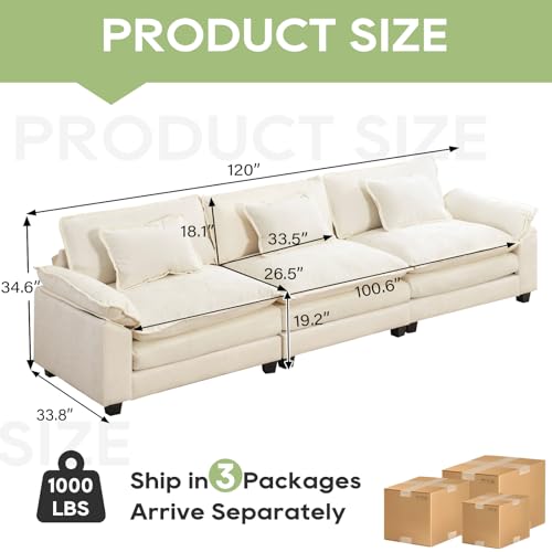120" Modular Sectional Sofa, Comfy 3 Seater Deep Cloud Couch | Couches for Living Room, Modular Couch, Deep and Wide Seat, Chenille Sofa Sleeper with Throw Pillows, Beige White - color: Beige White, size: 120 Inch