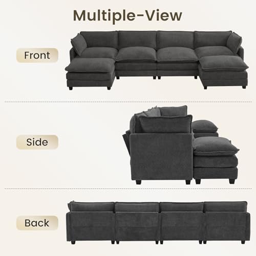 ROWHY Oversized Modular Sectional Couch with 2 Movable Ottoman, 148" Modern Convertible U Shaped Sofa Set, 4 Seat Comfy Cloud Couch with 2 Throw Pillows, for Living Room, Chenille, Charcoal Grey - color: Chenille Dark Grey, size: 6 Seats U-Shaped
