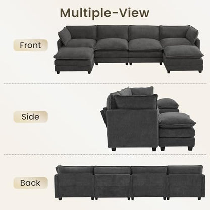 ROWHY Oversized Modular Sectional Couch with 2 Movable Ottoman, 148" Modern Convertible U Shaped Sofa Set, 4 Seat Comfy Cloud Couch with 2 Throw Pillows, for Living Room, Chenille, Charcoal Grey - color: Chenille Dark Grey, size: 6 Seats U-Shaped